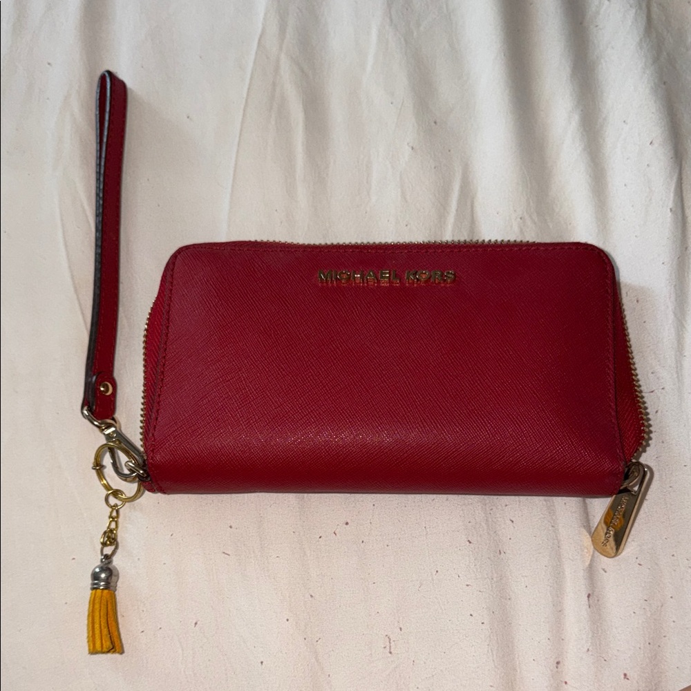 Michael Kors Cherry Red Wristlet with Gold Accents